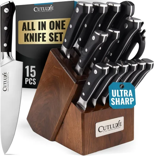 Miniatura 9 de Cutluxe - Juego de 15 cuchillos – Bloque de madera de goma de caucho premium – Juego de cuchillos para cocina, acero inoxidable alemán de alto