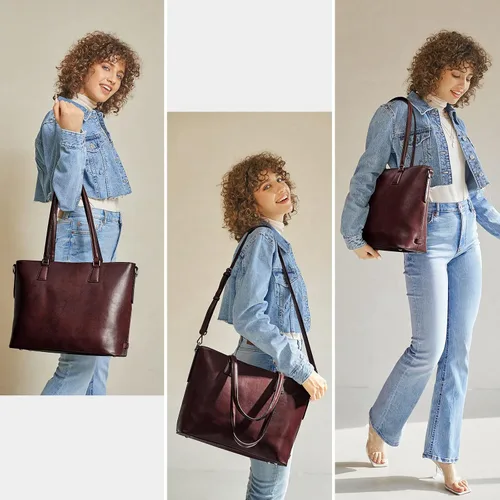Miniatura 2 de S-ZONE Bolso de mano de cuero genuino para mujer, maletín vintage, bolso de trabajo, bolso grande de 15.6 pulgadas, L