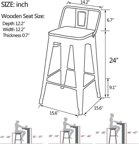 Miniatura 3 de Taburetes de bar de metal con respaldo, juego de 4 taburetes de altura de encimera de cocina con asiento de madera de 24 pulgadas, negro mate
