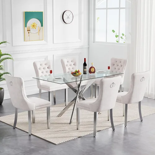 Miniatura 25 de Juego de mesa de comedor de cristal para cocina de 4, 5 piezas, mesa de comedor rectangular de 51 pulgadas con 4 sillas de cocina de terciopelo