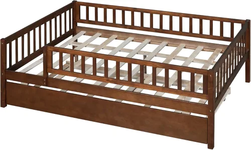 Miniatura 7 de Harper & Bright Designs Cama diván Full con cama nido, marco de cama nido de madera Full con barandas de seguridad, cama Full Montessori para Nuez