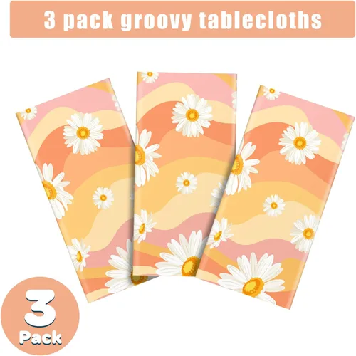 Miniatura 4 de Tiamon 3 manteles de plástico Groovy con diseño retro hippie para mesa rectangular, desechables, margaritas y arco iris, decoraciones de fiesta
