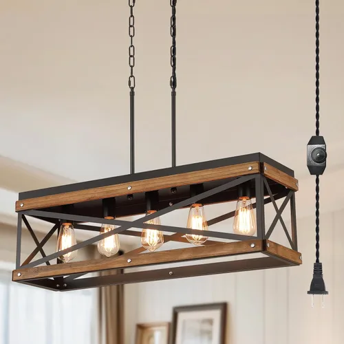 Miniatura 10 de Lámpara Colgante Rústica de Granja con Enchufe con Cadena Ajustable, Interruptor Regulable, Jaula de Tambor de Madera de Roble y Metal, Mini Lámpara