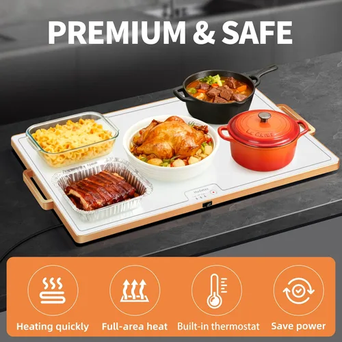 Miniatura 6 de Bandeja calentadora de alimentos (XL 24"x16"), calentadores de alimentos para fiestas, buffet y uso diario, bandeja calentadora eléctrica de Blanco