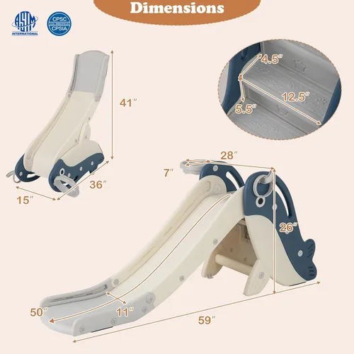 Miniatura 7 de BABY JOY Tobogán plegable para niños pequeños, juego independiente de escalador para bebés con aro de baloncesto, juego de tobogán para niños