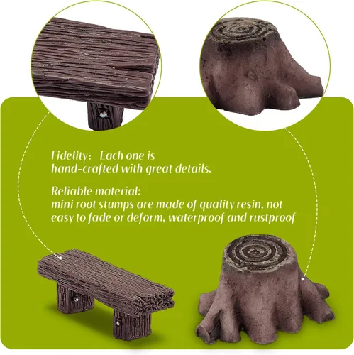 Miniatura 2 de Skylety - 12 piezas de accesorios de jardín de hadas en miniatura, incluye 6 bancos de estilo retro de madera, 6 tocones de raíz artificiales