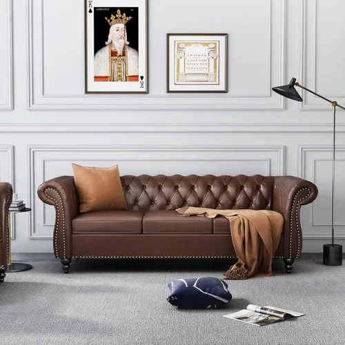 Miniatura 8 de ONCIN Chesterfield - Sofá de cuero para sala de estar, sofá de 3 plazas, sofá copetudo, piel sintética con brazos enrollados y cabeza de clavo
