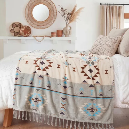 Miniatura 6 de CASAAGUSTO Manta bohemia – Manta decorativa verde y beige con borla, manta bohemia de franela impresa para silla, cama, sofá