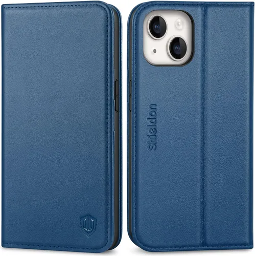 Miniatura 10 de SHIELDON Funda para iPhone 14 de 6.1", Funda tipo cartera de cuero genuino [Cierre magnético] [Ranuras para tarjetas con bloqueo RFID] [Soporte]