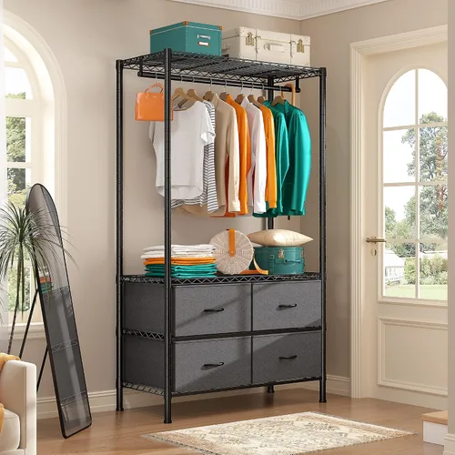 Miniatura 4 de Raybee Perchero con 4 cajones y estantes, perchero resistente para colgar ropa, portátil, resistente y duradero, negro