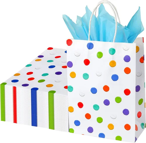 Miniatura 21 de BLEWINDZ 32 Bolsas Pequeñas de Papel para Regalos con Papel de Seda, Bolsas Amarillas para Obsequios de Fiesta con Asas, Bolsa de Golosinas de 8.7