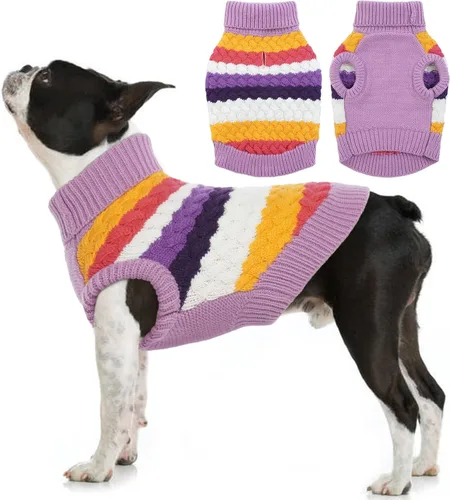 Miniatura 14 de Kuoser Suéter grande para perro, suéteres de punto de cuello alto para perros grandes, rayas coloridas, chaleco de punto para mascotas, ropa cálida