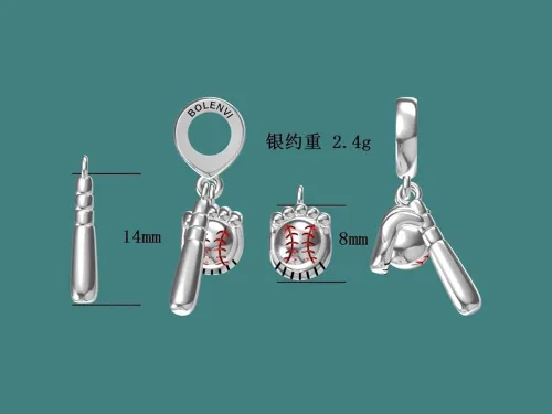 Miniatura 5 de BOLENVI Abalorio de plata de ley 925 con dije de béisbol para pulseras o collares similares, Plata esterlina, Sin gemas.