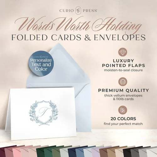 Miniatura 2 de Papelería plegada con cresta personalizada, tarjetas iniciales personalizadas para pareja con sobres, elegantes tarjetas de notas plegadas