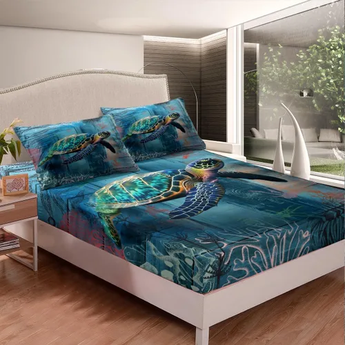 Miniatura 2 de Sábana bajera ajustable de tamaño individual para niños, diseño de animales marinos náuticos, juego de ropa de cama coral bajo el mar, juego de ropa