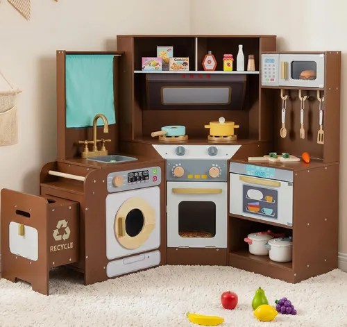 Miniatura 11 de INFANS Cocina esquinera para niños, juego de madera con carrito telescópico, luces realistas, sonidos, máquina de hielo, cajones de tela, horno