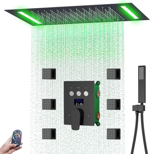 Miniatura 15 de Juego de grifo de ducha con pantalla digital con cabezal de ducha de lluvia de 12 pulgadas, rociador de mano de latón y 6 jets corporales, sistema