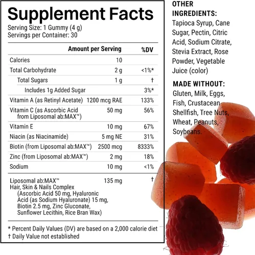 Miniatura 3 de Haroutine - Vitaminas para la piel y las uñas, gomitas de biotina para el crecimiento del cabello 2500 mcg de biotina, 1200 mcg de vitamina A y 2