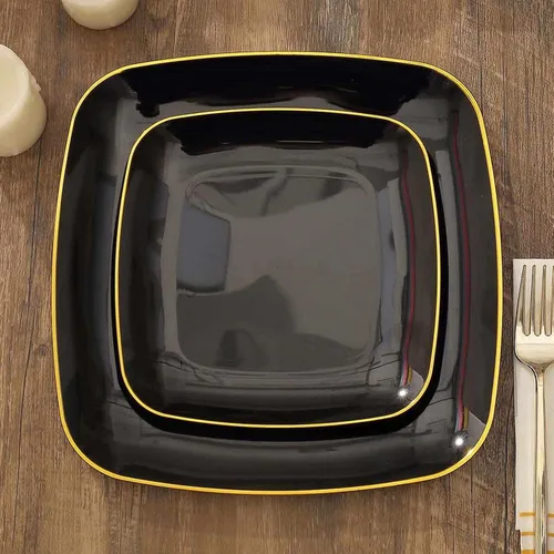 Miniatura 6 de Efavormart - Paquete de 10 platos cuadrados de plástico para postre de 7 pulgadas, color negro con borde dorado, platos desechables para ensalada