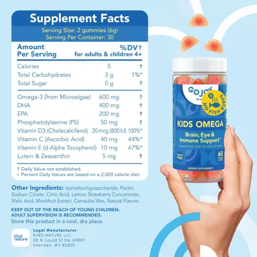 Miniatura 6 de GOJOY Kids Gomitas de Omega 3 DHA – Sin eructos de pescado, sin azúcar – Apoyo al cerebro, ojos y sistema inmunológico – Omega-3 de origen vegetal