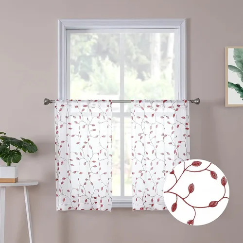 Miniatura 14 de Tollpiz Cortinas Cortas Transparentes de Hojas con Bordado de Hojas Grises, Cortinas de Dormitorio con Bolsillo para Barra, Voile de Lino Sintético