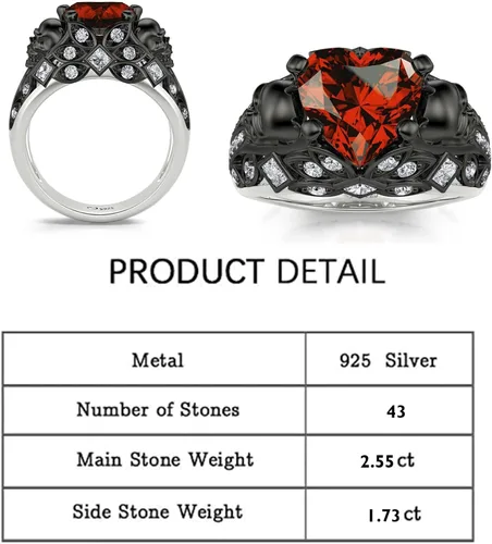 Miniatura 2 de Jeulia Juego de anillos de compromiso de calavera de 2.55 quilates, plata de ley con corte de corazón, diamantes rojos, anillos de rubí, circonita