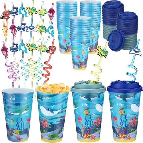 Miniatura 35 de Yungyan 16 juegos de tazas de golosinas con tapas y pajitas para decoraciones de cumpleaños, reutilizables, 16 onzas, vasos de plástico para dulces