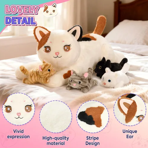 Miniatura 2 de Onsoyours Original 5 piezas de animales de peluche de gato con bebés adentro, peluche Kawaii Kiity con mamá y 4 gatitos - Lindos juguetes de peluche
