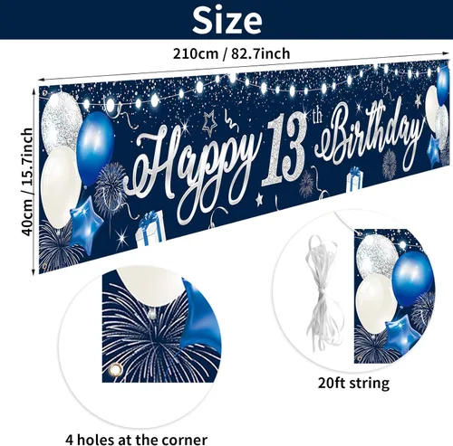Miniatura 2 de Domgoge Cartel de decoración de feliz cumpleaños número 13, grande, azul y plateado, cartel de feliz cumpleaños de 13 años, suministros