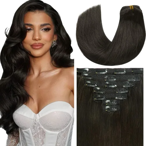 Miniatura 30 de Loxxy Extensiones de cabello humano con clip, sin costuras, 22 pulgadas, color marrón oscuro a castaño oscuro y marrón oscuro, 7 piezas