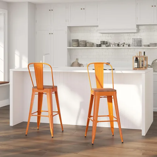 Miniatura 11 de Merrick Lane Amsterdam Taburete de bar – Silla de bar de metal negro antiguo con asiento de madera – Taburete de cocina con respaldo curvado
