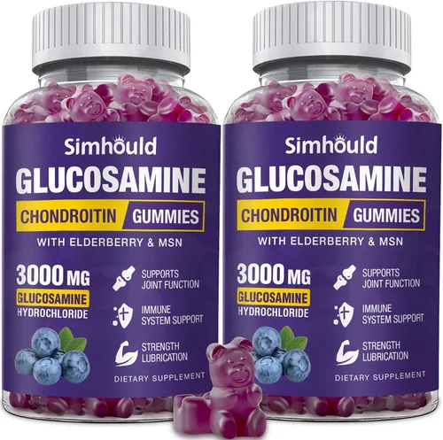 Simhould 2 paquetes de gomitas de glucosamina y condroitina, suplemento de apoyo articular extra fuerte de 3000 mg con MSM y saúco, flexibilidad,