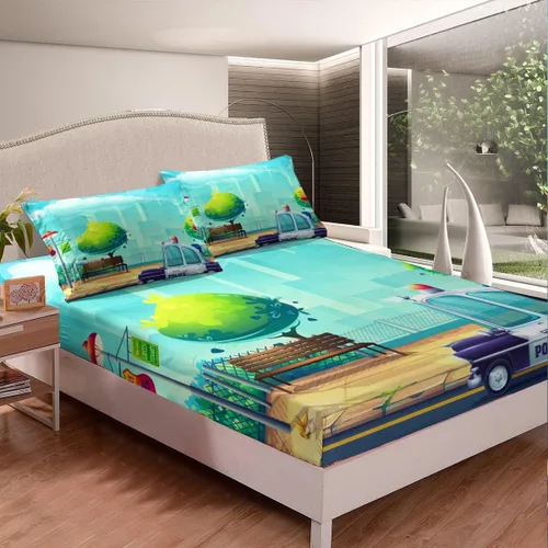 Miniatura 9 de Juego de ropa de cama para niños de policía para niños, tamaño individual, camión de bomberos, ambulancia, sábana bajera ajustable de dibujos