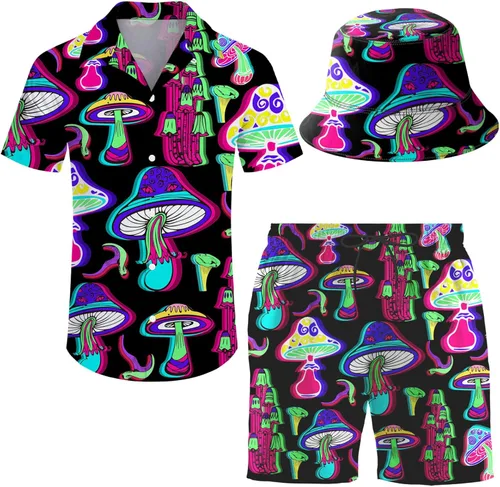 Miniatura 15 de Conjunto deportivo de 2 piezas para hombre, camisa hawaiana, pantalones cortos, camisa con botones y pantalones cortos con sombreros de pescador
