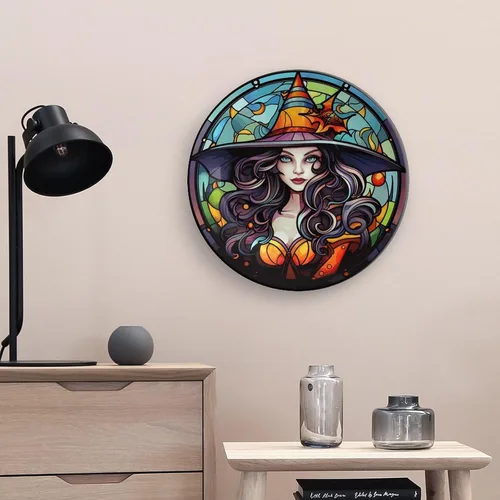 Miniatura 5 de Platos decorativos de bruja con sombrero naranja para decoración del hogar de Halloween, platos de cerámica con diseño de vitrales para sala