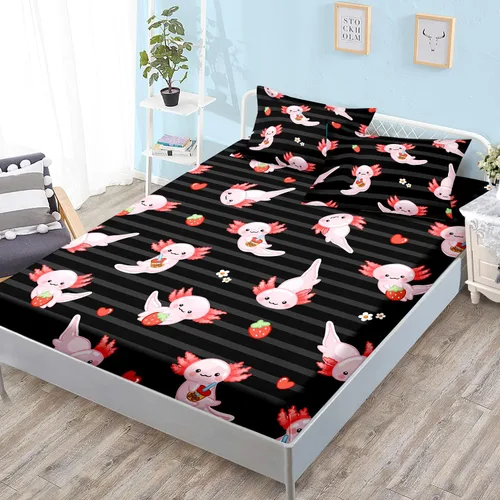HOSIMA Juego de ropa de cama de 3 piezas para niños, color negro, tamaño individual, sábana bajera ajustable de ajolote de dibujos animados, vida