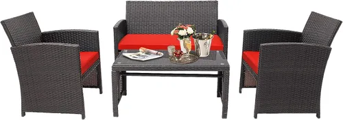 HAPPYGRILL Juego de 4 muebles de mimbre para exteriores con mesa de centro de vidrio templado, cojines suaves, juego de sillas de ratán resistentes