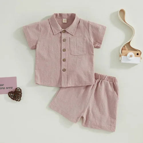 Miniatura 3 de FYBITBO Conjunto de camiseta de manga corta con botones de lino para bebé niño y niño pequeño