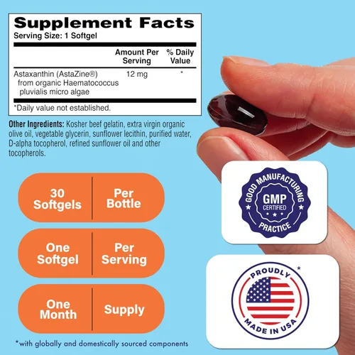 Miniatura 2 de Health Thru Nutrition Astaxantina Triple Strength 12mg Suplemento 30 cápsulas blandas AstaZine de algas cultivadas orgánicamente en agua prístina
