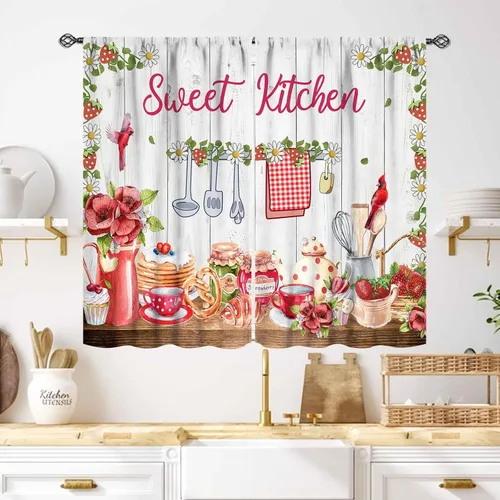 Miniatura 46 de Cortinas Rústicas de Cocina, Tenedor Cuchara Retro Tablón de Madera Granja País Tema de Cocina Citas Divertidas Tratamiento de Ventana