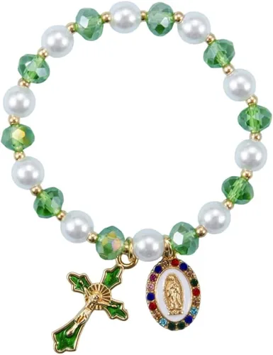 Miniatura 11 de Pulsera elástica de Virgen María con dije de cruz – Cristal de perlas multicolor con cuentas de joyería religiosa católica para mujer, regalo