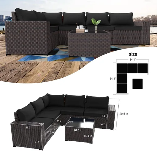 Miniatura 6 de Kullavik - Juego de muebles para exterior de 6 piezas con sofá modular de ratán de polietileno, color negro