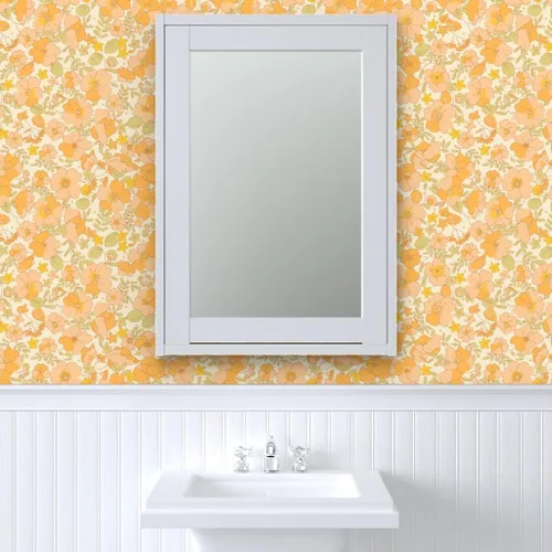 Miniatura 9 de Papel tapiz para despegar y pegar, diseño floral vintage de los años 70, flores amarillas melocotón, papel tapiz extraíble personalizado Spoonflower