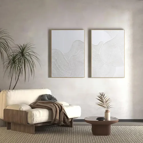 Miniatura 2 de Pintura de Arte de Pared Abstracta Neutra Enmarcada - Decoración de Pared de Lienzo Abstracto Grande con Ilustraciones de Curvas 3D Pintado a Mano