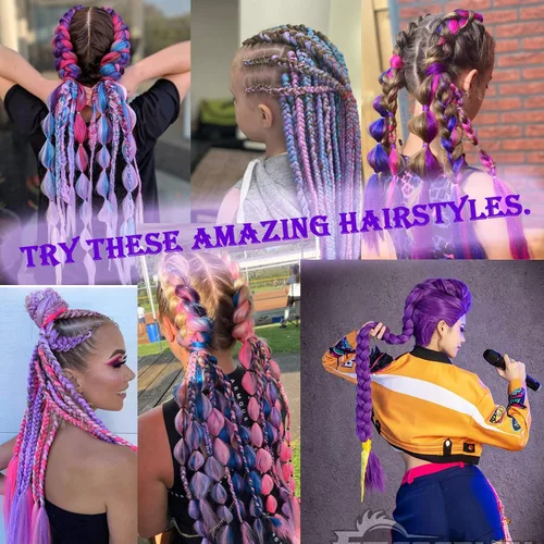 Miniatura 4 de Paquete de 3 extensiones de cabello trenzado de colores de 24 pulgadas, extensiones de cabello sintético para trenzar, morado, verde, amarillo