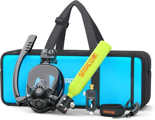 Miniatura 8 de SMACO Mini tanque de buceo con máscara de esnórquel 0.5L tanque de buceo pequeño portátil con máscara de buceo de cara completa, reutilizable