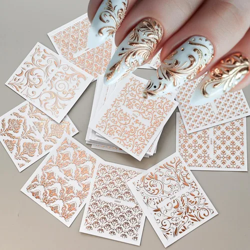 Miniatura 14 de 20 hojas de calcomanías de uñas 3D, diseño de oro/diamante, lujosas calcomanías de uñas autoadhesivas con relieve, calcomanías de uñas de flores
