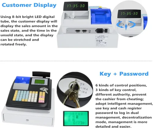 Miniatura 4 de Cash Registers - Teclado de 4 colores para pequeñas empresas/restaurantes, caja registradora electrónica con 8 luces LED digitales, papel de Blanco