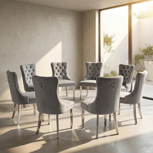 Miniatura 19 de Juego de 2 sillas de comedor de terciopelo, sillas de comedor copetudas de mediados de siglo con anillo trasero de cabeza de clavo, patas de metal