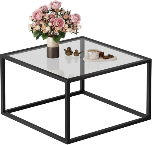 Mesa de café de vidrio SAYGOER Mesas de café pequeñas cuadradas para sala de estar, mesa de centro moderna de 26.7 pulgadas para oficina Negro